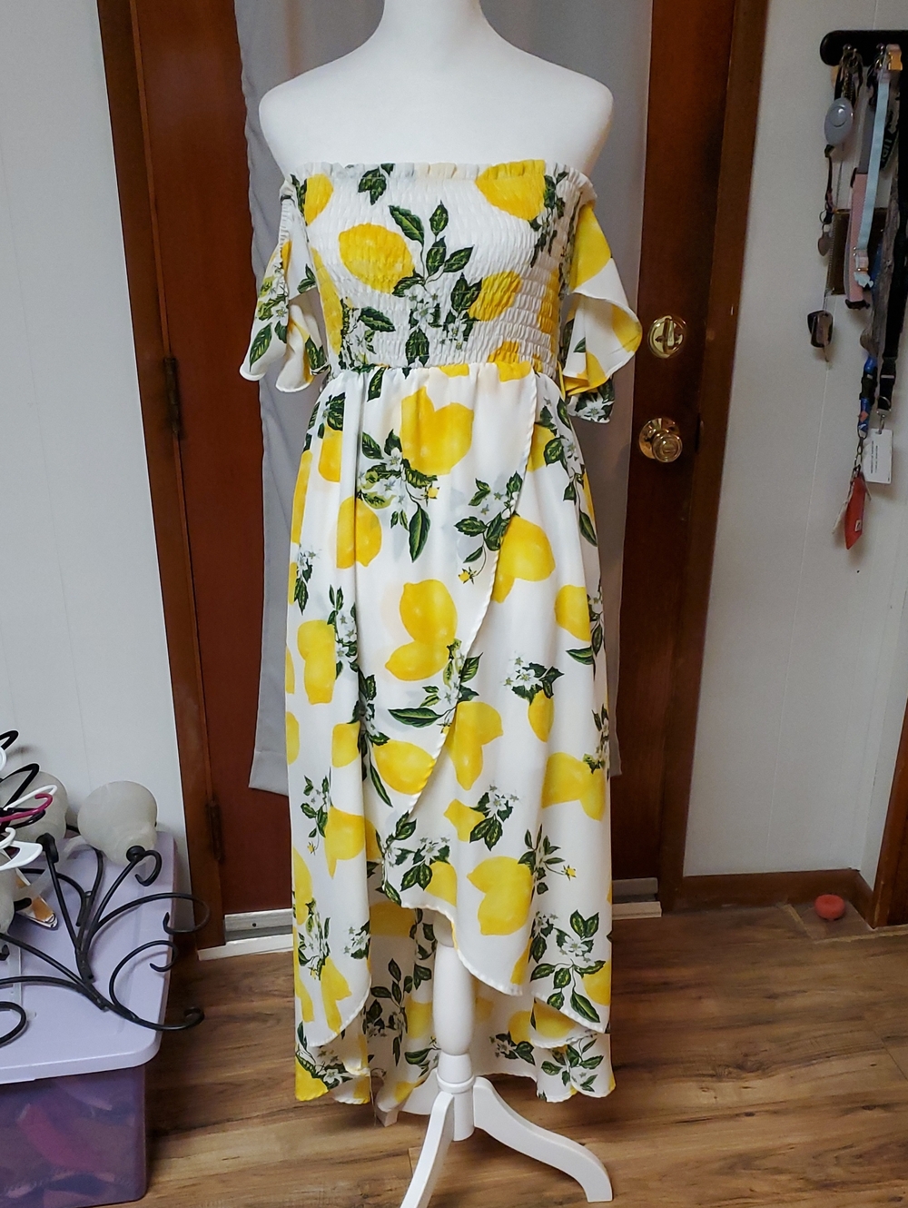 She + Sky White Lemon Print Off-Shoulder Maxi Dress